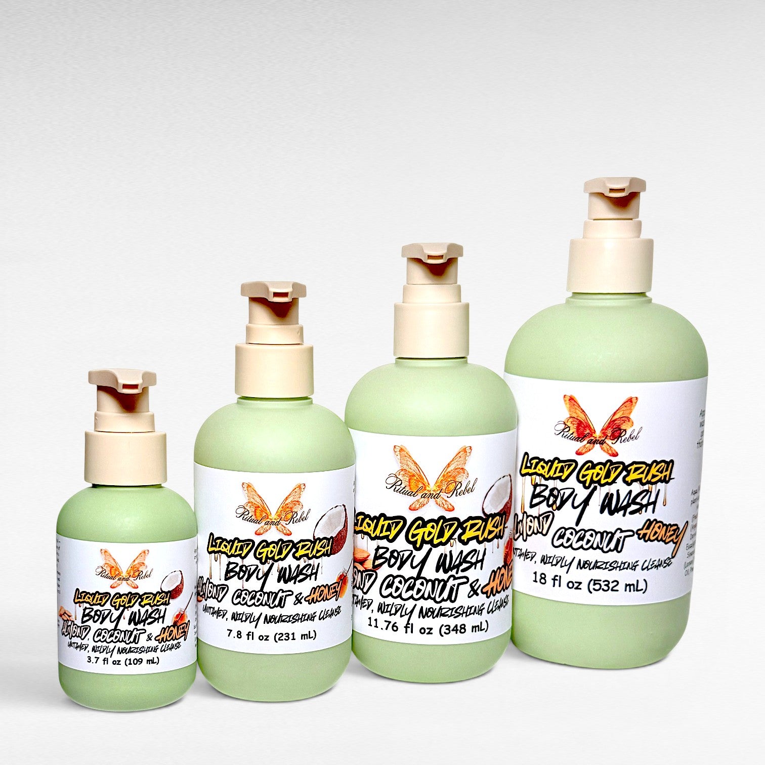 Liquid Gold Rush Body Wash by Ritual and Rebel 4 green bottle with pump 18, 11.76, 7.8, and 3.7  fl oz sizes with labels and white background