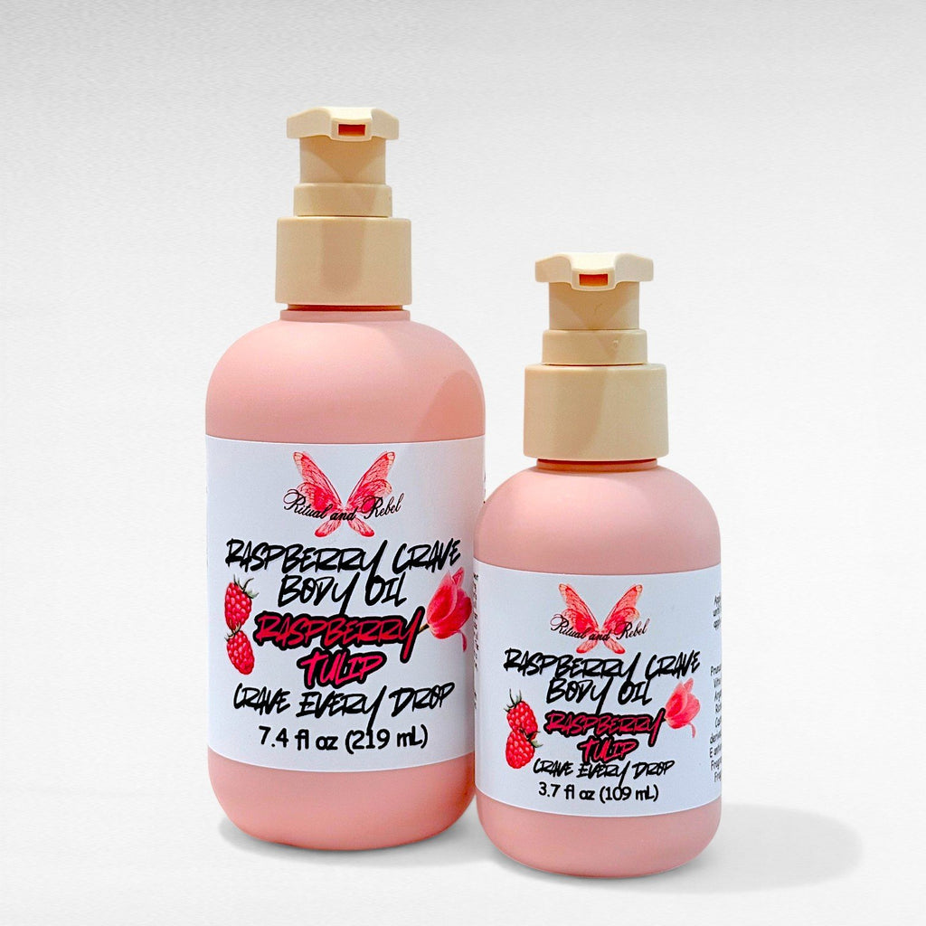Raspberry Crave Body Oil by Ritual and Rebel two pink bottles with beige pumps 7.4 and 3.7 fl oz bottles