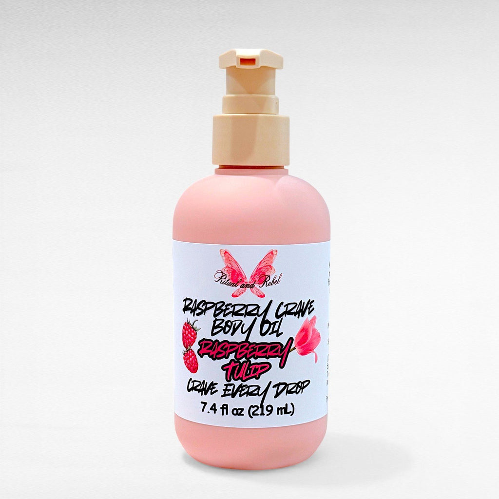 Raspberry Crave Body Oil by Ritual and Rebel pink bottle with pump 7.4 fl oz
