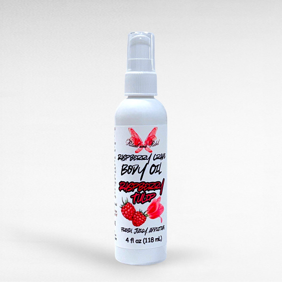 Raspberry Crave Body Oil by Ritual and Rebel white plastic 4 fl oz bottle with serum pump 