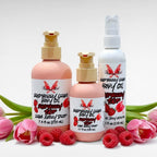Raspberry Crave Body Oil by Ritual and Rebel Raspberry & Tulip scented 2 pink bottles with beige pumps and one white bottle with serum pump