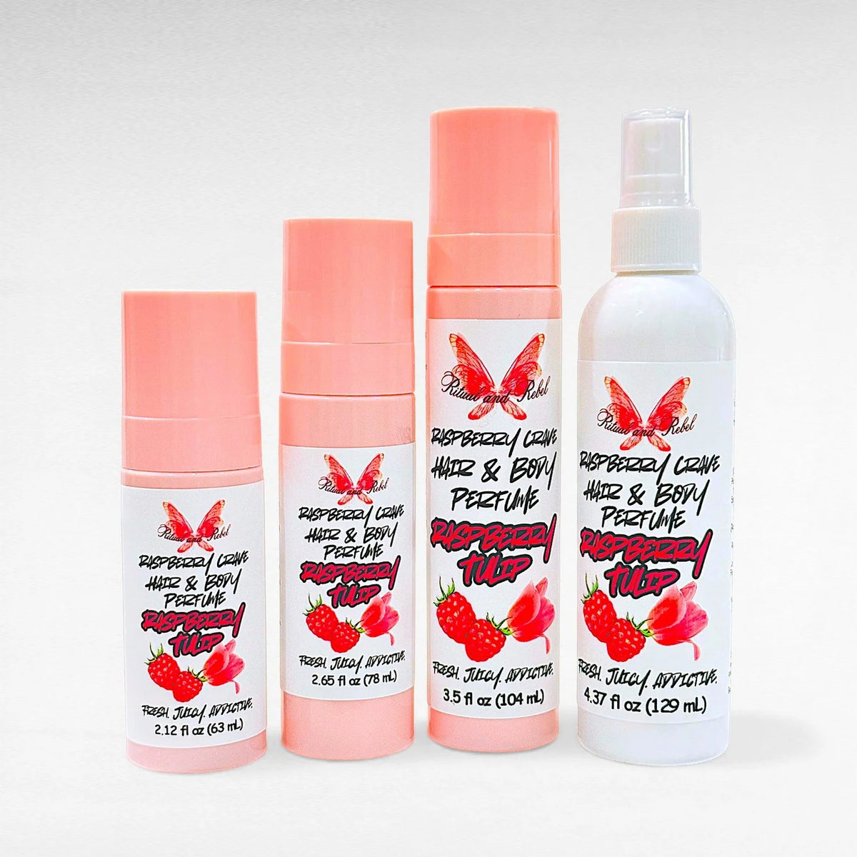 Raspberry Crave Hair & Body Perfume by Ritual and Rebel 3 various size pink spray bottles and 1 white spray bottle