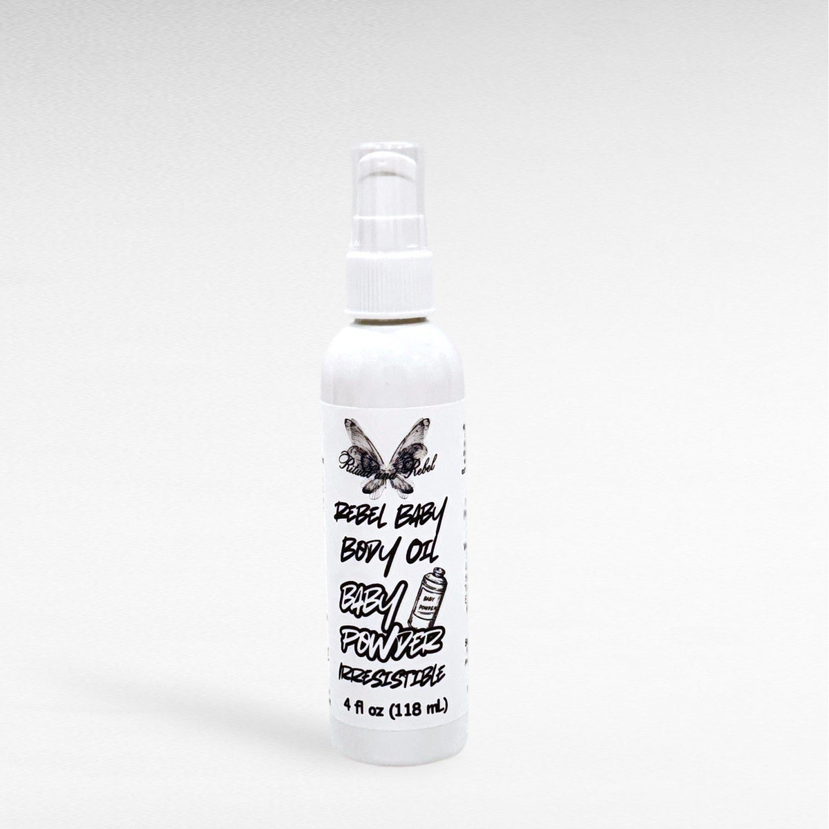 Rebel Baby Body Oil by Ritual and Rebel white tall bottle with serum pump 4 fl oz