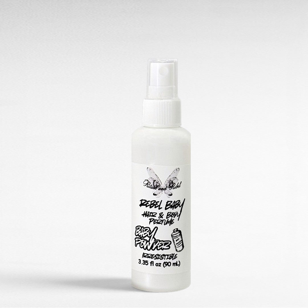 Rebel Baby Hair & Body Perfume by Ritual and Rebel white plastic spray bottle with white background 3.35 fl oz