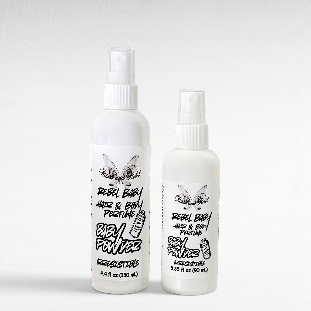 Rebel Baby Hair & Body Perfume by Ritual and Rebel 2 white plastic spray bottle with white background 4.4 and 3.5 fl oz