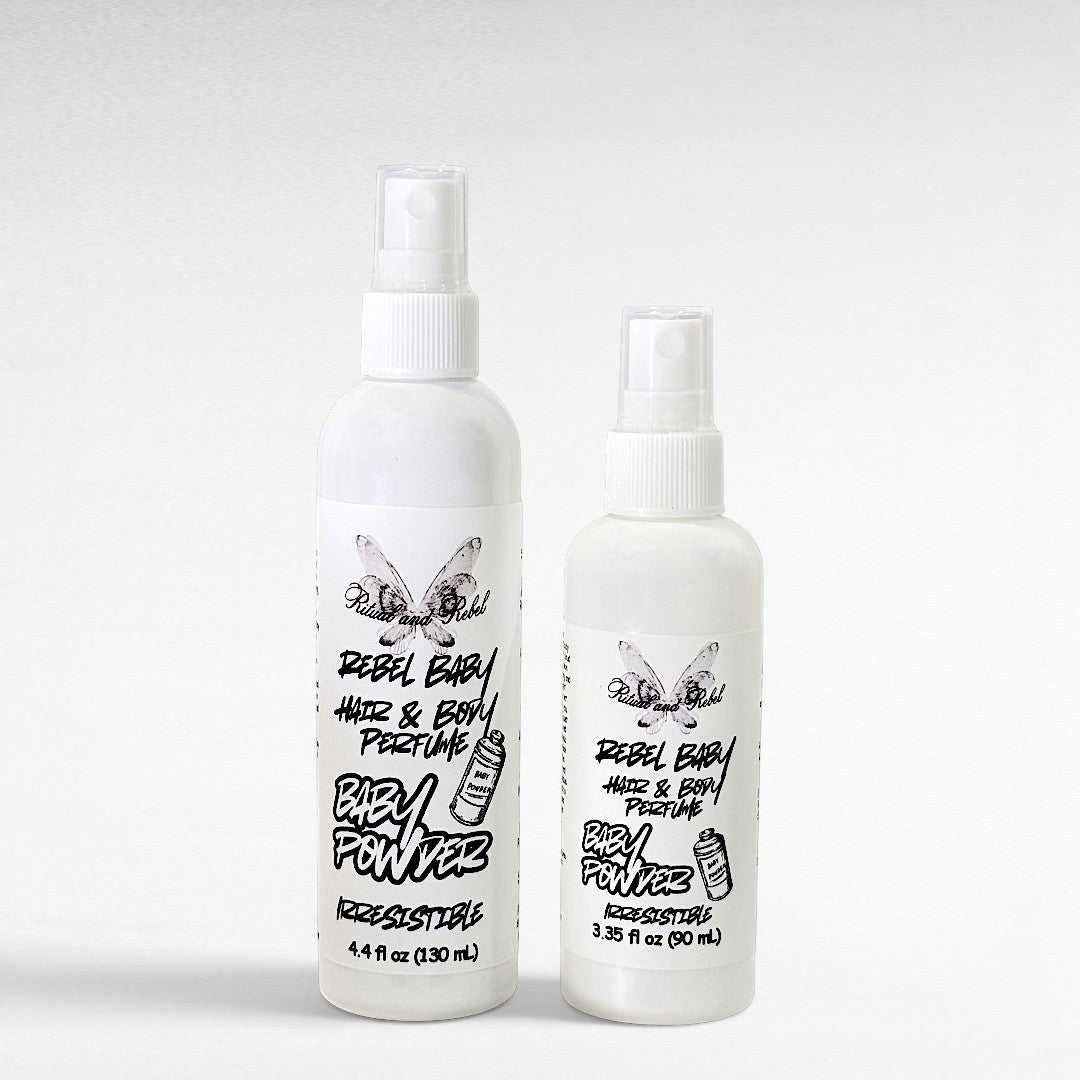 Rebel Baby Hair & Body Perfume by Ritual and Rebel 2 white plastic spray bottle with white background 4.4 and 3.5 fl oz