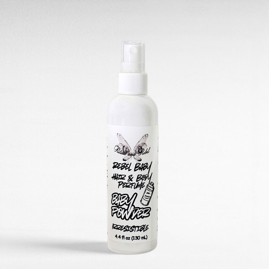 Rebel Baby Hair & Body Perfume by Ritual and Rebel white plastic spray bottle with white background 4.4 fl oz