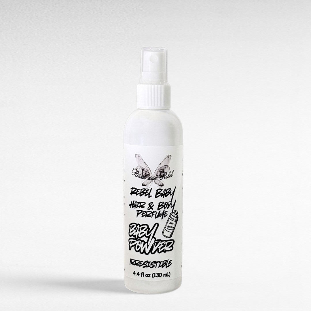 Rebel Baby Hair & Body Perfume by Ritual and Rebel white plastic spray bottle with white background 4.4 fl oz