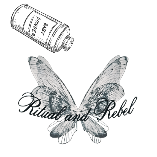 Ritual and Rebel black and white label showing dragonfly and vintage baby powder bottle with white background
