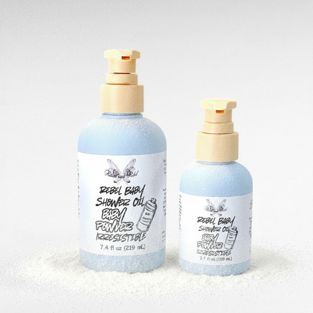 Rebel Baby Shower Oil by Ritual and Rebel light blue bottle with pump 7.4 and 3.7  fl oz light gray background