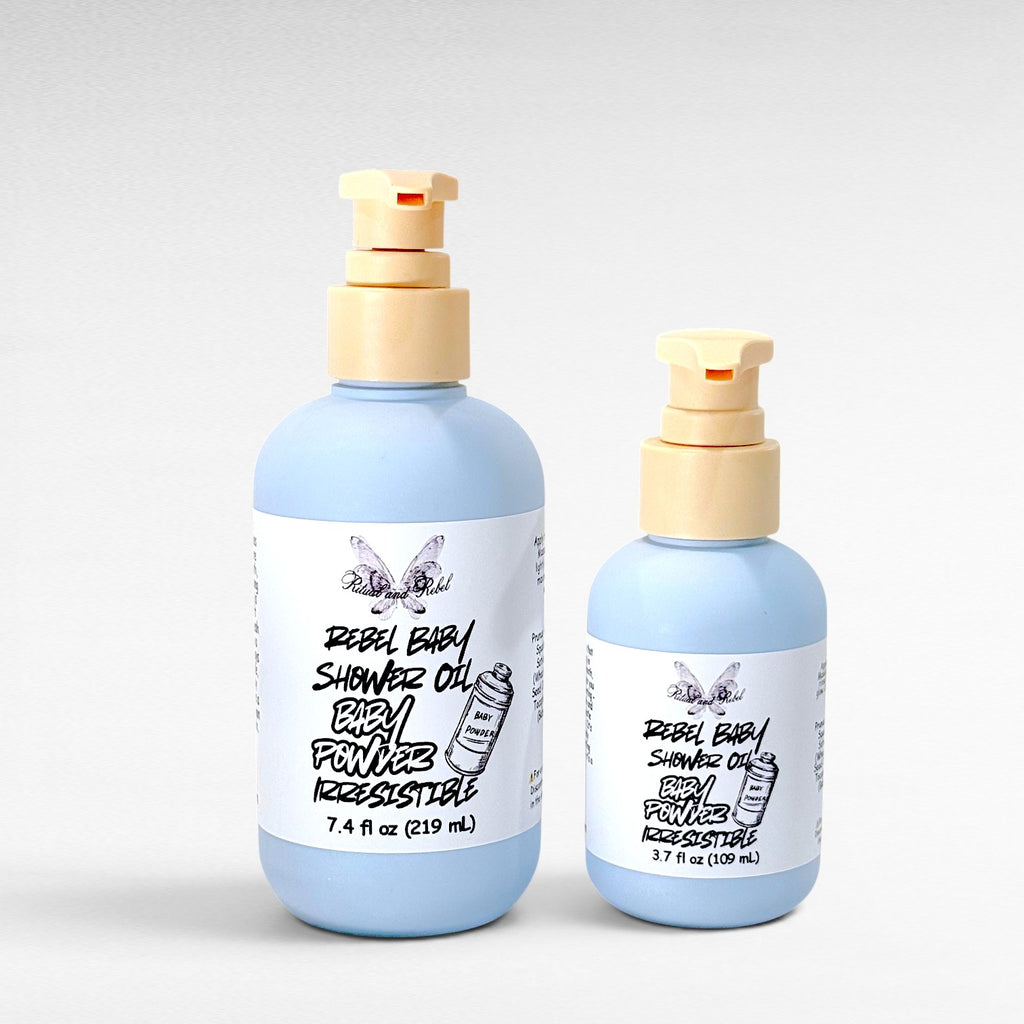 Rebel Baby Shower Oil by Ritual and Rebel light blue bottles with pump 7.4 and 3.7 fl oz light gray background