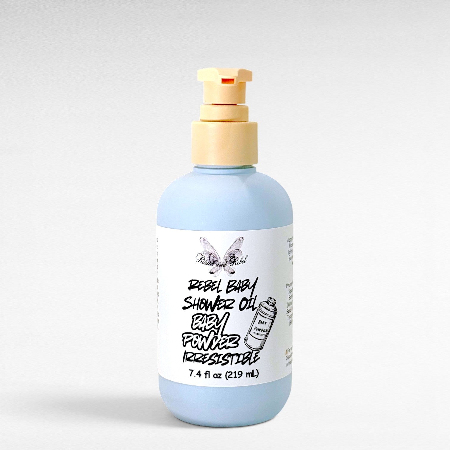 Rebel Baby Shower Oil by Ritual and Rebel light blue bottle with pump 7.4 fl oz light gray background