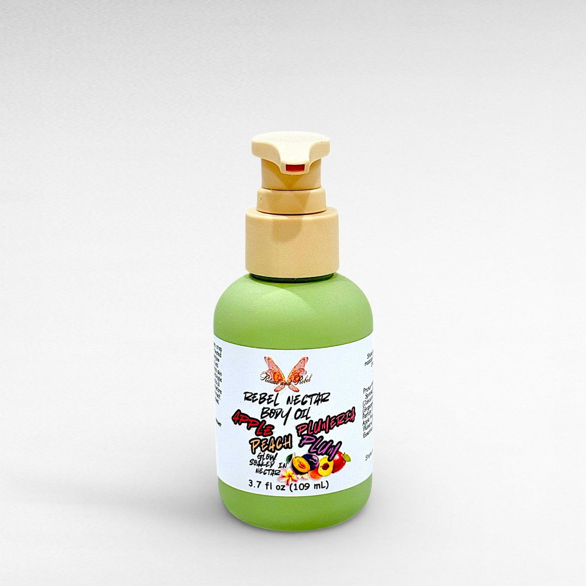 Rebel Nectar Body Oil by Ritual and Rebel 3.7 fl oz green bottle with beige pump and white background 
