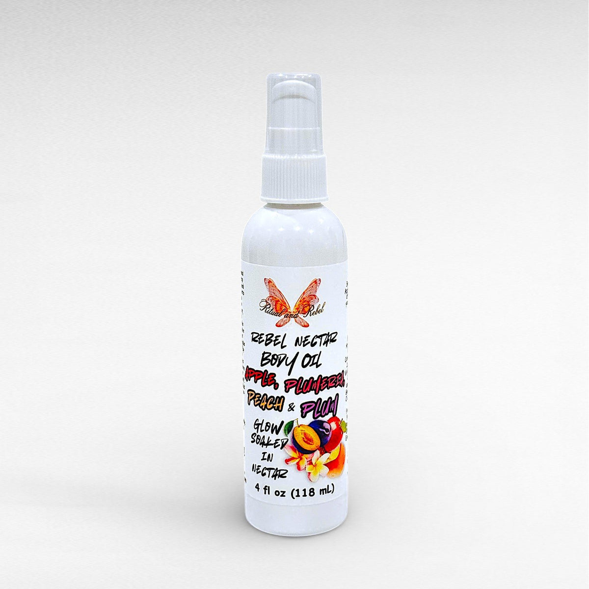 Rebel Nectar Body Oil by Ritual and Rebel 4 fl oz white bottle with serum pump and label on white background 