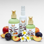 Rebel Nectar Body Oil  from Ritual and Rebel 2 green and 1 white bottles with pumps with fruits and flowers on a white background