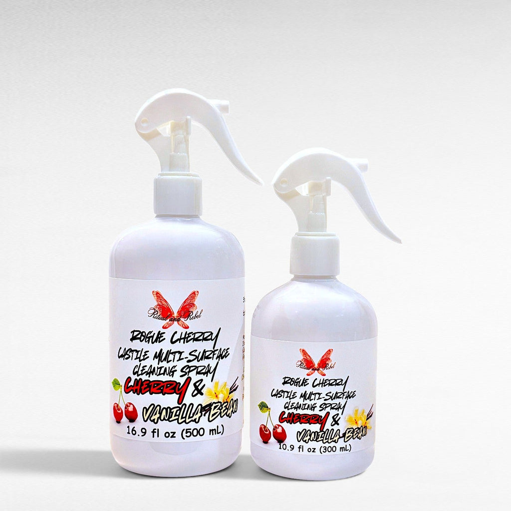 Ritual and Rebel Rogue Cherry Castile multi-surface cleaning spray bottles in 500ml and 300ml sizes with cherry art.