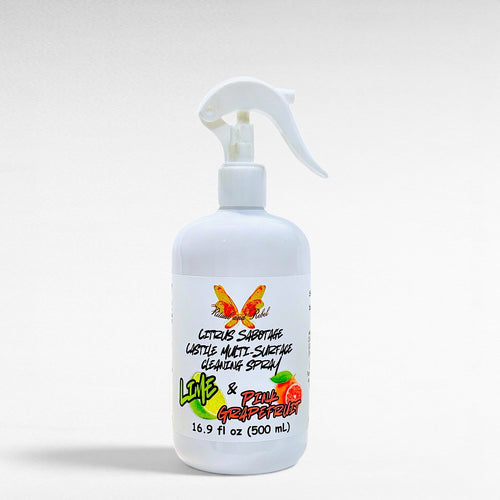 Ritual and Rebel Citrus Sabotage multi-surface cleaning spray in a white bottle with pink grapefruit and lime label.