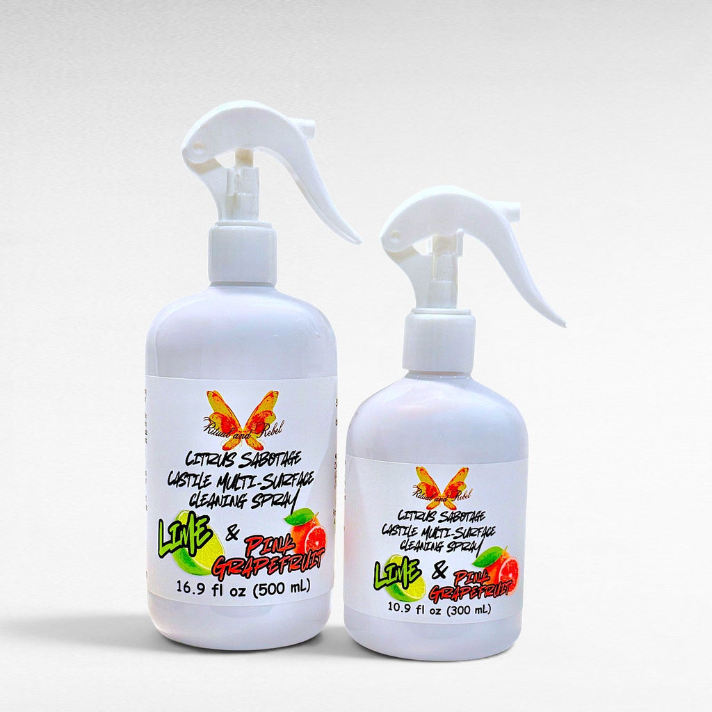 Ritual and Rebel Citrus Sabotage multi-surface cleaning spray bottles in 500ml and 300ml sizes with grapefruit and lime.
