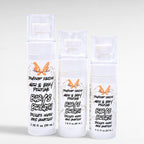 Ritual and Rebel Dewdrop Darling hair and body perfume bottles in three different sizes with white pump dispensers.