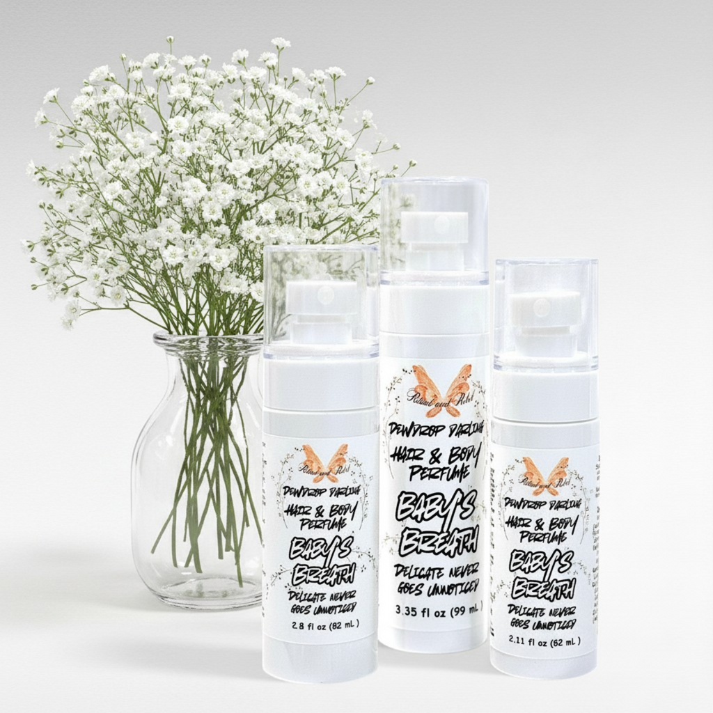 Ritual and Rebel Dewdrop Darling hair and body perfume bottles in three sizes next to a vase of white baby's breath.