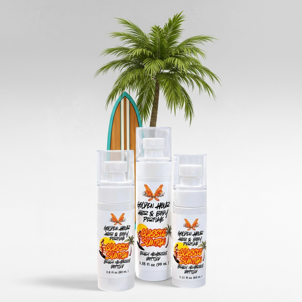 Ritual and Rebel Golden Hour Hair & Body Perfume bottles with a surfboard and palm tree on a white background.