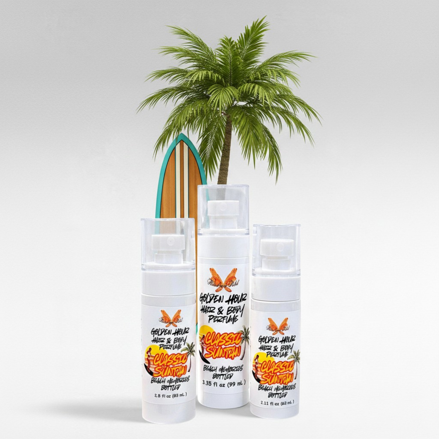 Ritual and Rebel Golden Hour Hair & Body Perfume bottles with a surfboard and palm tree on a white background.