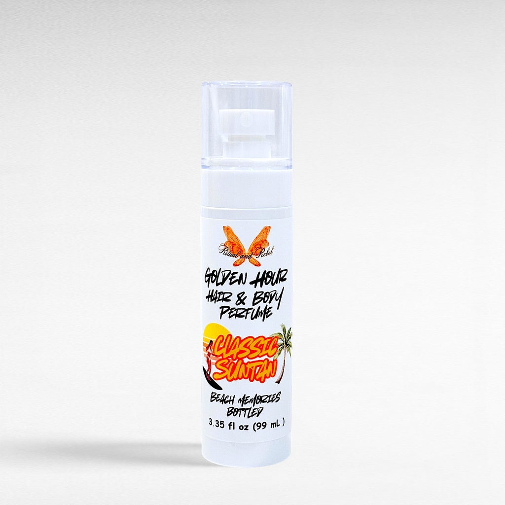 Ritual and Rebel Golden Hour Hair and Body Perfume in a white spray bottle with a classic suntan scent label.