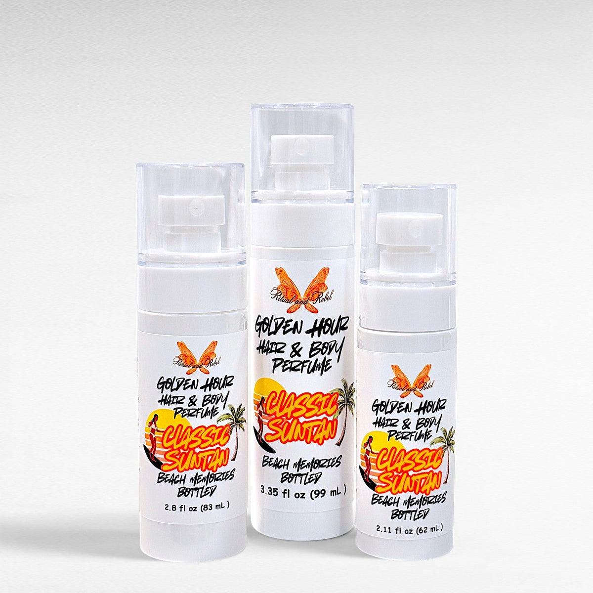 Ritual and Rebel Golden Hour Hair & Body Perfume in three different sizes with classic suntan scent labels.