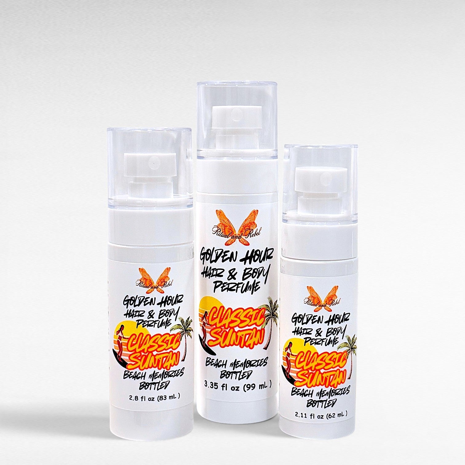 Ritual and Rebel Golden Hour Hair & Body Perfume in three different sizes with classic suntan scent labels.