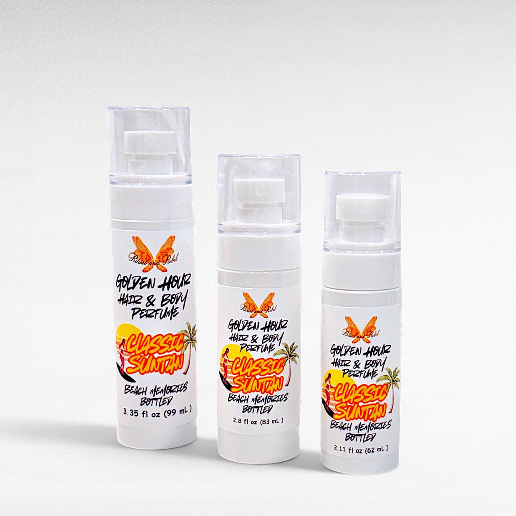 Ritual and Rebel Golden Hour hair and body perfume bottles in three sizes with classic suntan scent branding.