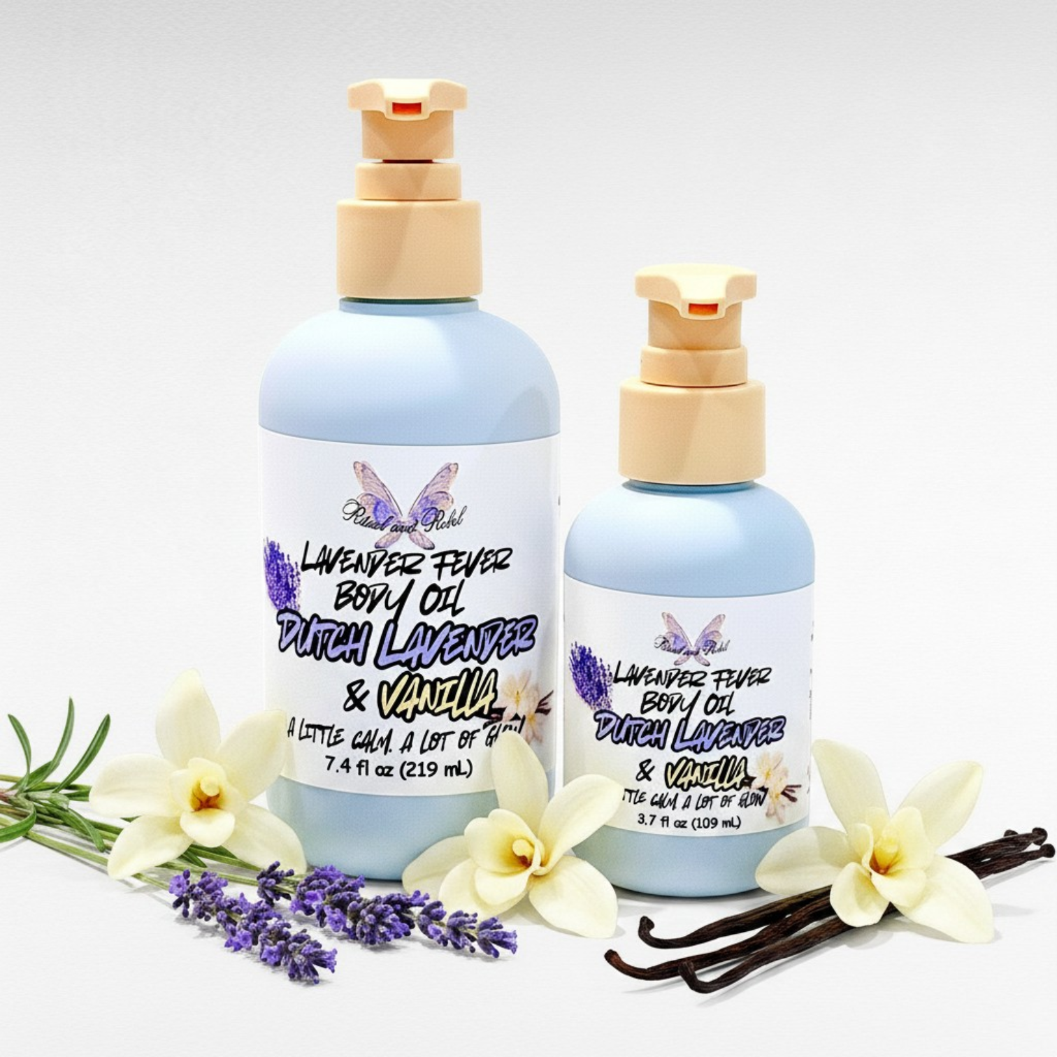 Ritual and Rebel Lavender Fever body oil bottles in two sizes with lavender sprigs and vanilla flowers on white.