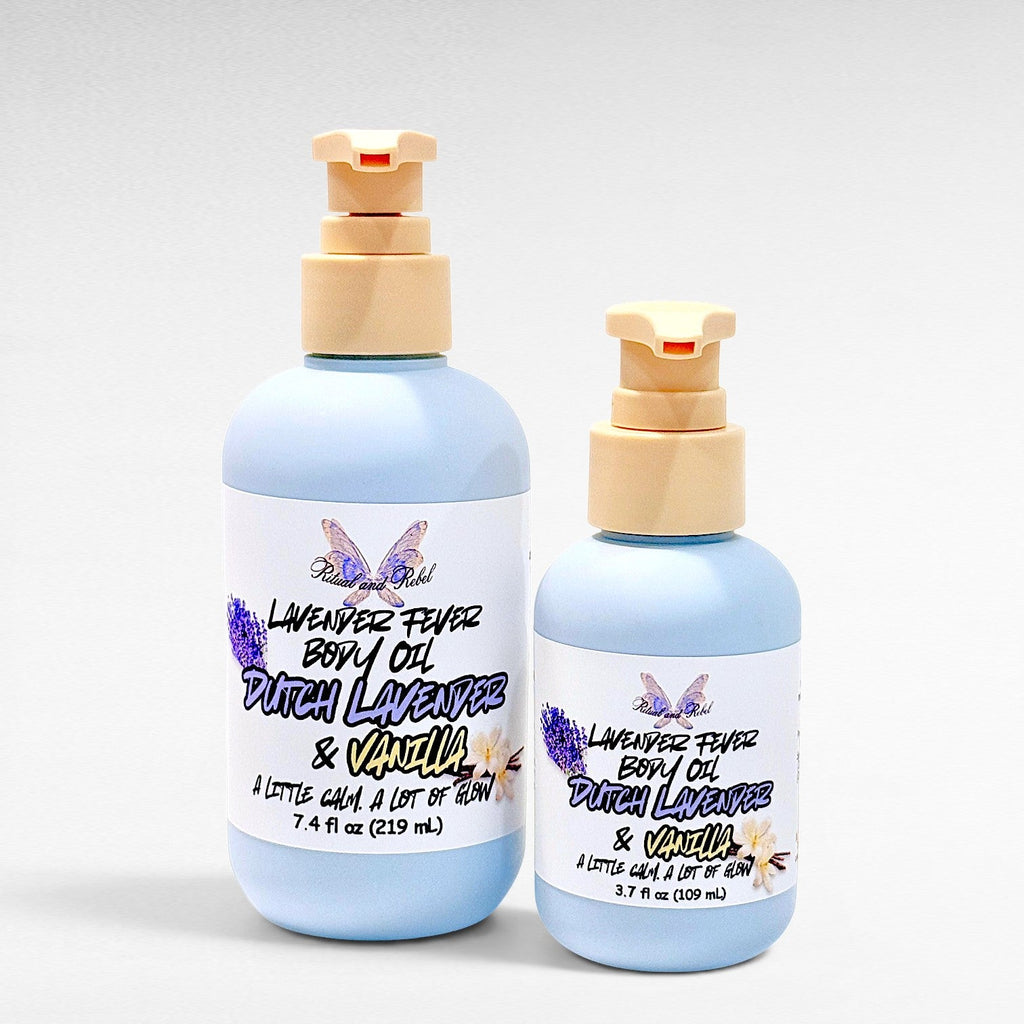 Ritual and Rebel Lavender Fever body oil in two sizes with light blue bottles and cream pump dispensers.
