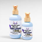 Ritual and Rebel Lavender Fever body oil in two sizes with light blue bottles and cream pump dispensers.