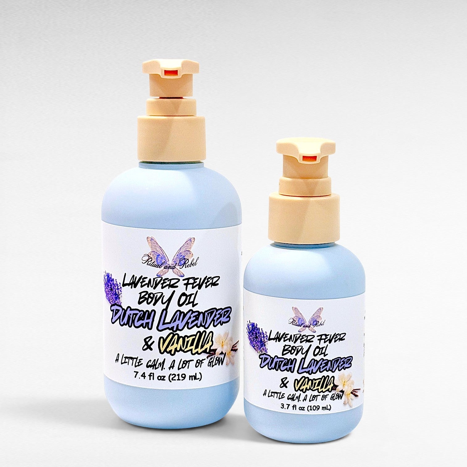 Ritual and Rebel Lavender Fever body oil in two sizes with light blue bottles and cream pump dispensers.
