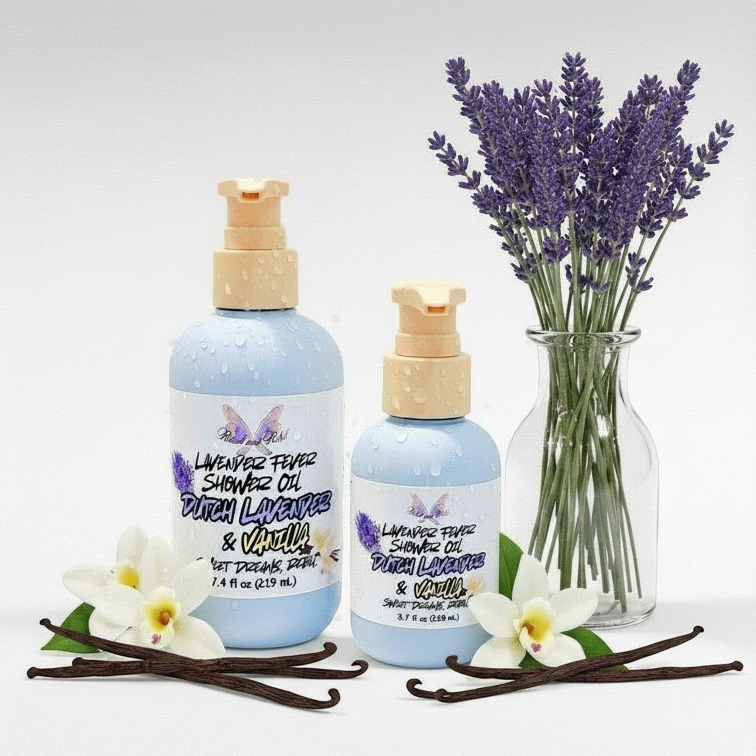 Ritual and Rebel Lavender Fever Shower Oil bottles with Dutch lavender and vanilla accents on a white background.