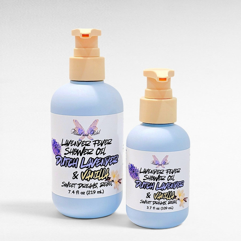 Ritual and Rebel Lavender Fever shower oil bottles in two sizes with light blue packaging and pump dispensers.