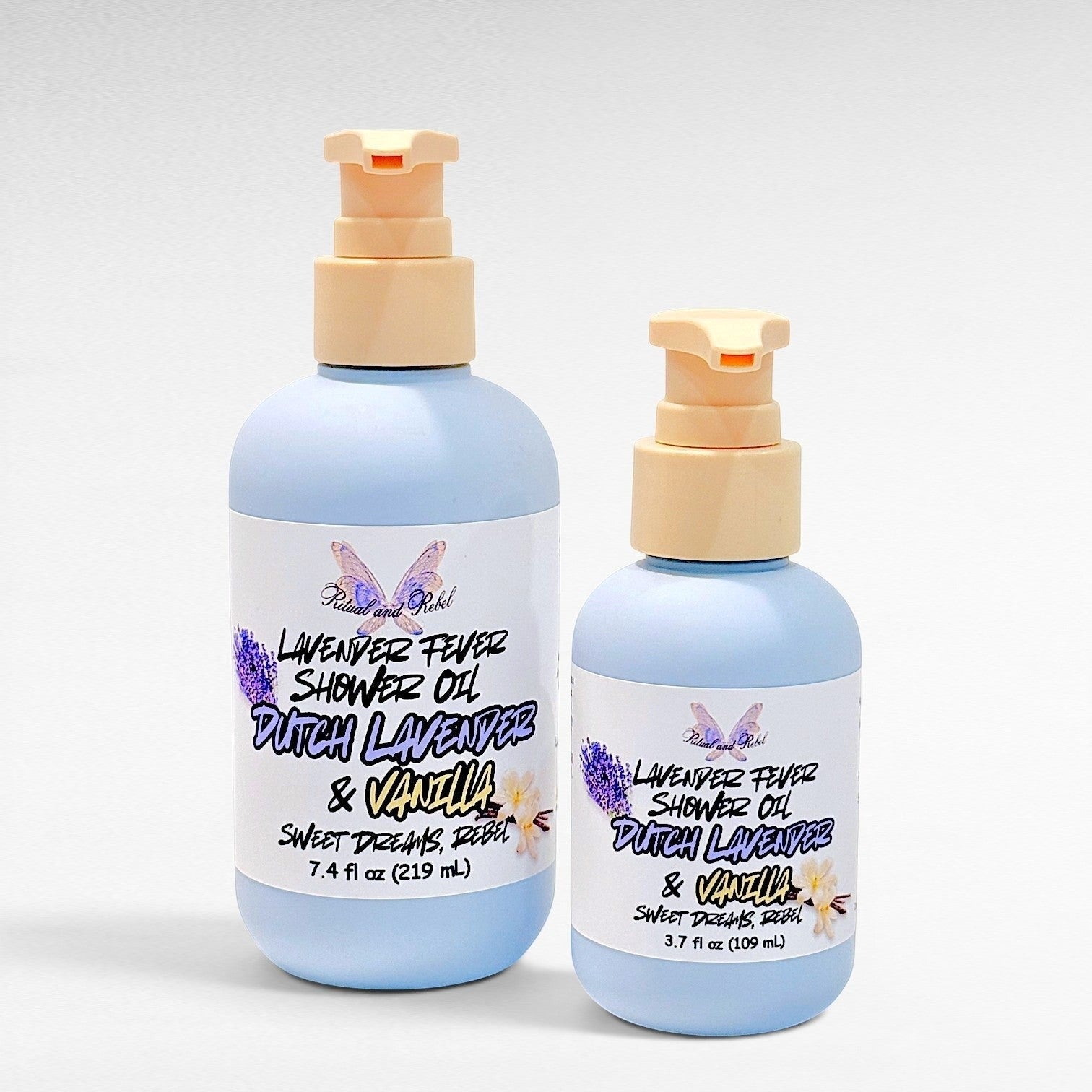 Ritual and Rebel Lavender Fever shower oil bottles in two sizes with light blue packaging and pump dispensers.
