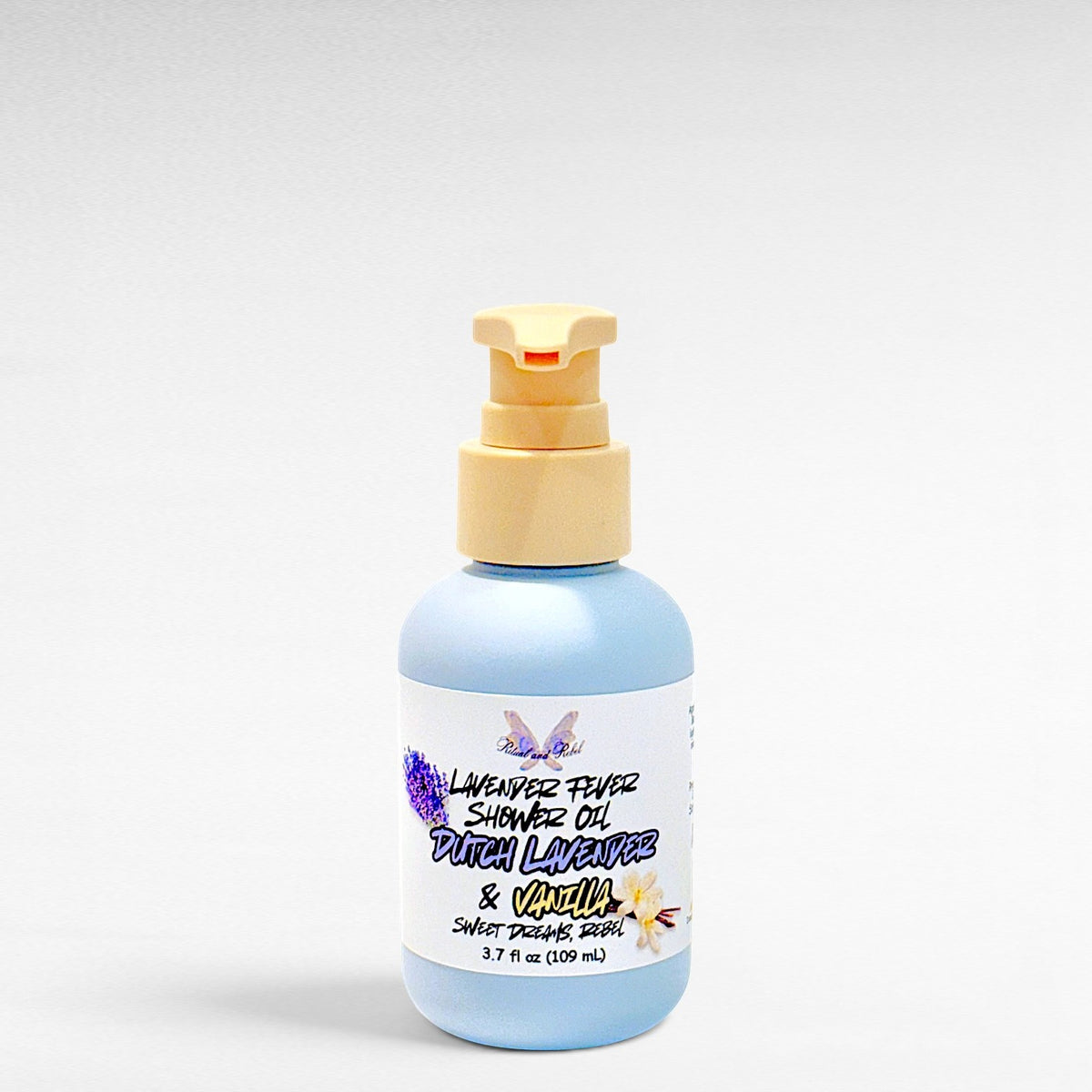 Ritual and Rebel Lavender Fever Shower Oil in a light blue bottle with a pump dispenser and lavender vanilla label
