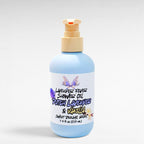 Ritual and Rebel Lavender Fever Shower Oil in a light blue bottle with a pump dispenser and floral label.