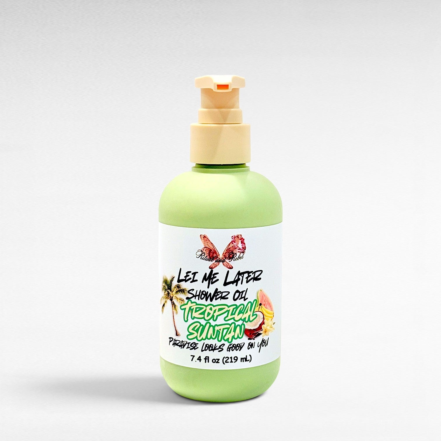 Ritual and Rebel Lei Me Later Shower Oil in a light green bottle with a pump dispenser and tropical label design.