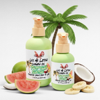 Ritual and Rebel Lei Me Later shower oil bottles in two sizes surrounded by tropical guava, coconut, and banana.