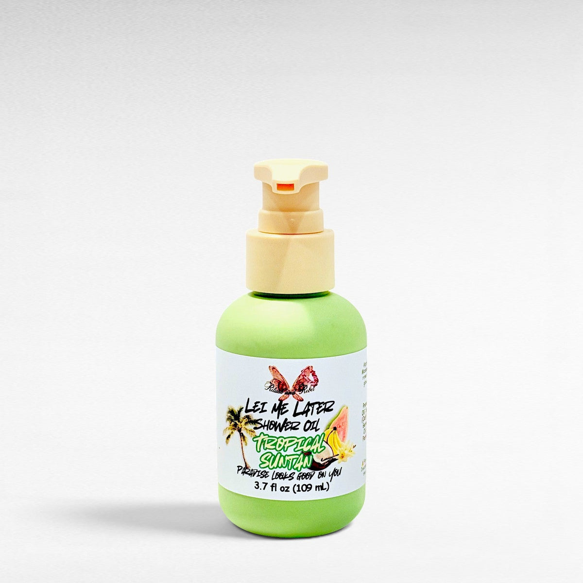 Ritual and Rebel Lei Me Later Shower Oil in a light green bottle with a pump dispenser and tropical-themed label.