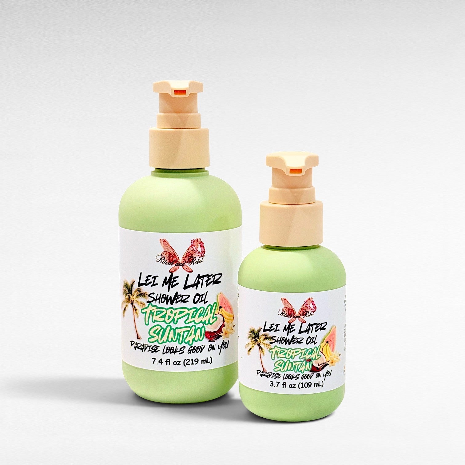 Ritual and Rebel Lei Me Later Shower Oil in two sizes with light green bottles and tropical themed labels