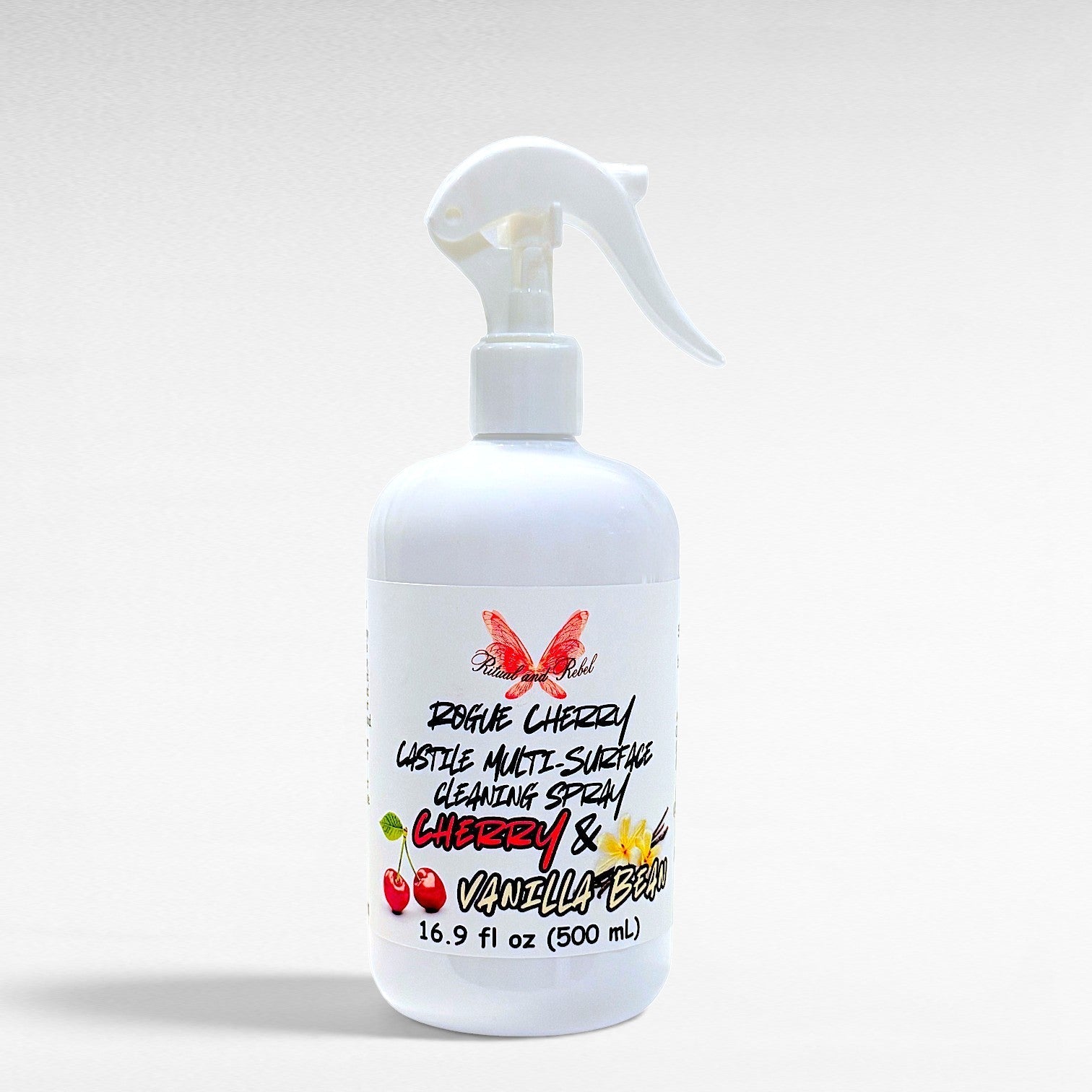 Ritual and Rebel Rogue Cherry Castile multi-surface cleaning spray in a white 500ml bottle with a trigger sprayer.