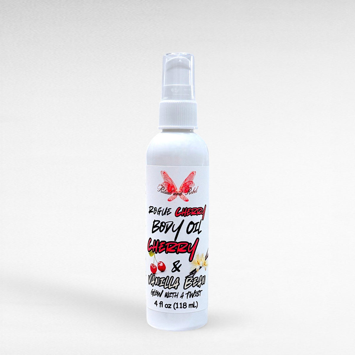 Rogue Cherry Body Oil by Ritual and Rebel white tall bottle with serum pump 4 fl oz