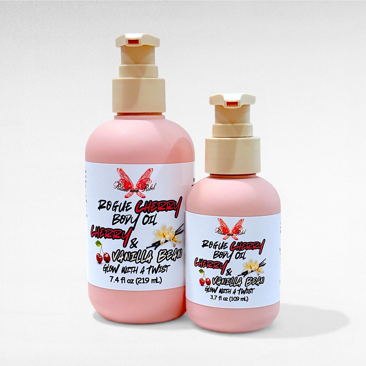 Rogue Cherry Body Oil by Ritual and Rebel 2 pink bottles with beige pumps 7.4 and 3.7 fl oz
