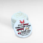 Rogue Cherry Foaming Sugar Scrub by Ritual and Rebel white scrub in clear jar with white lid with label 8oz