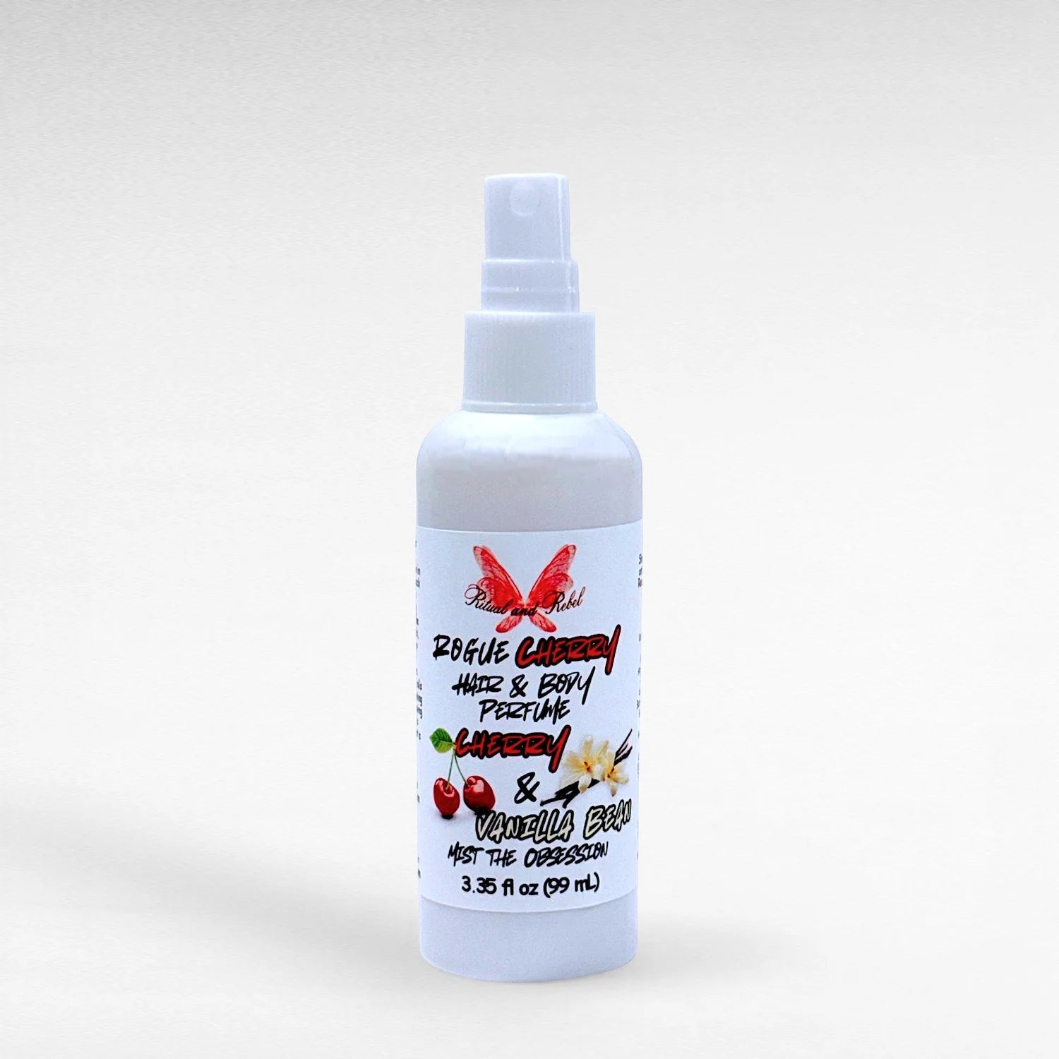 Rogue Cherry hair and body perfume by Ritual and Rebel with cherry and vanilla notes in a spray bottle
