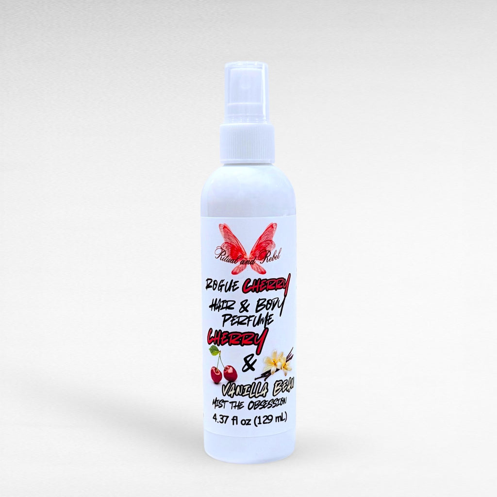 Rogue Cherry hair and body perfume by Ritual and Rebel with cherry and vanilla notes in a spray bottle