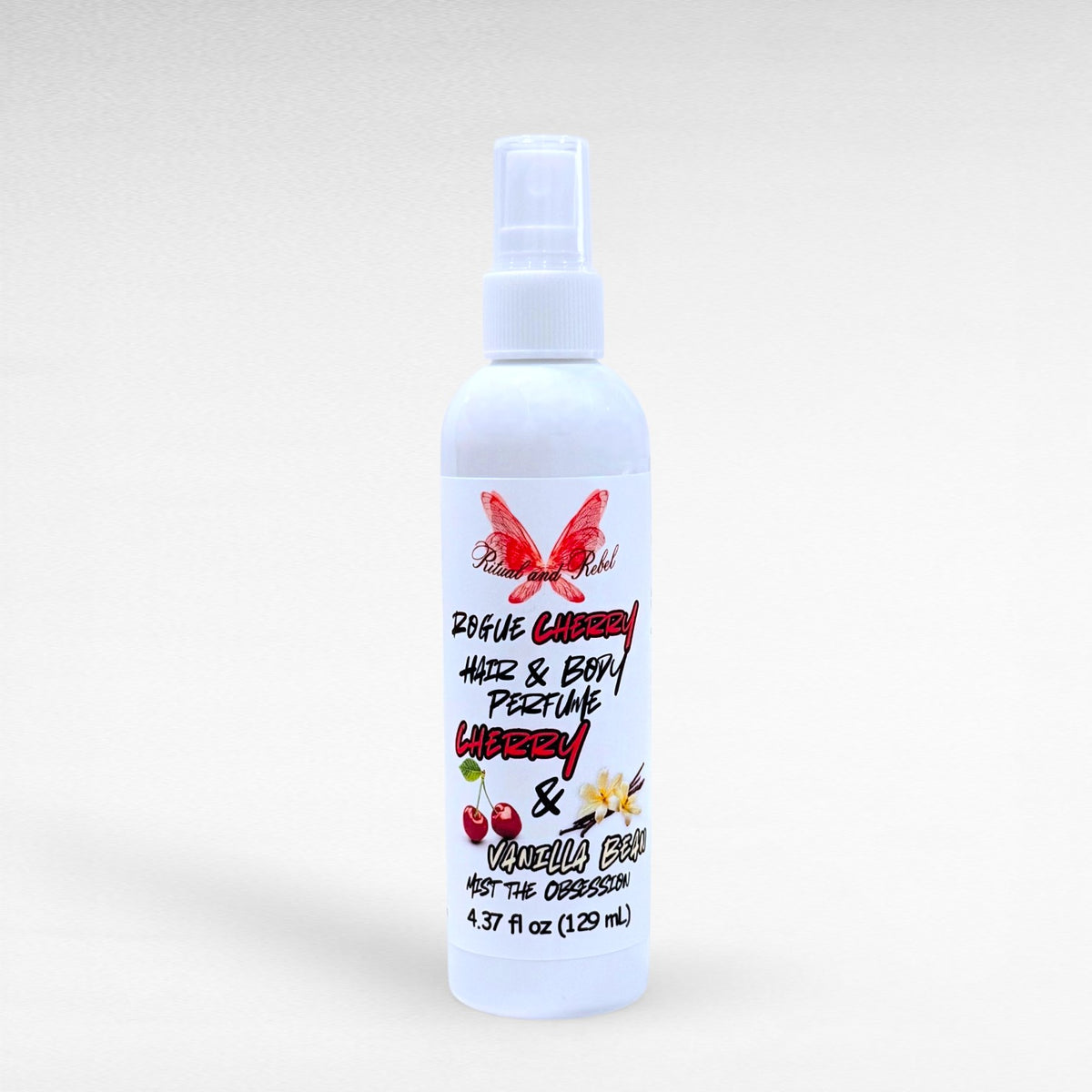 Rogue Cherry hair and body perfume by Ritual and Rebel with cherry and vanilla notes in a spray bottle